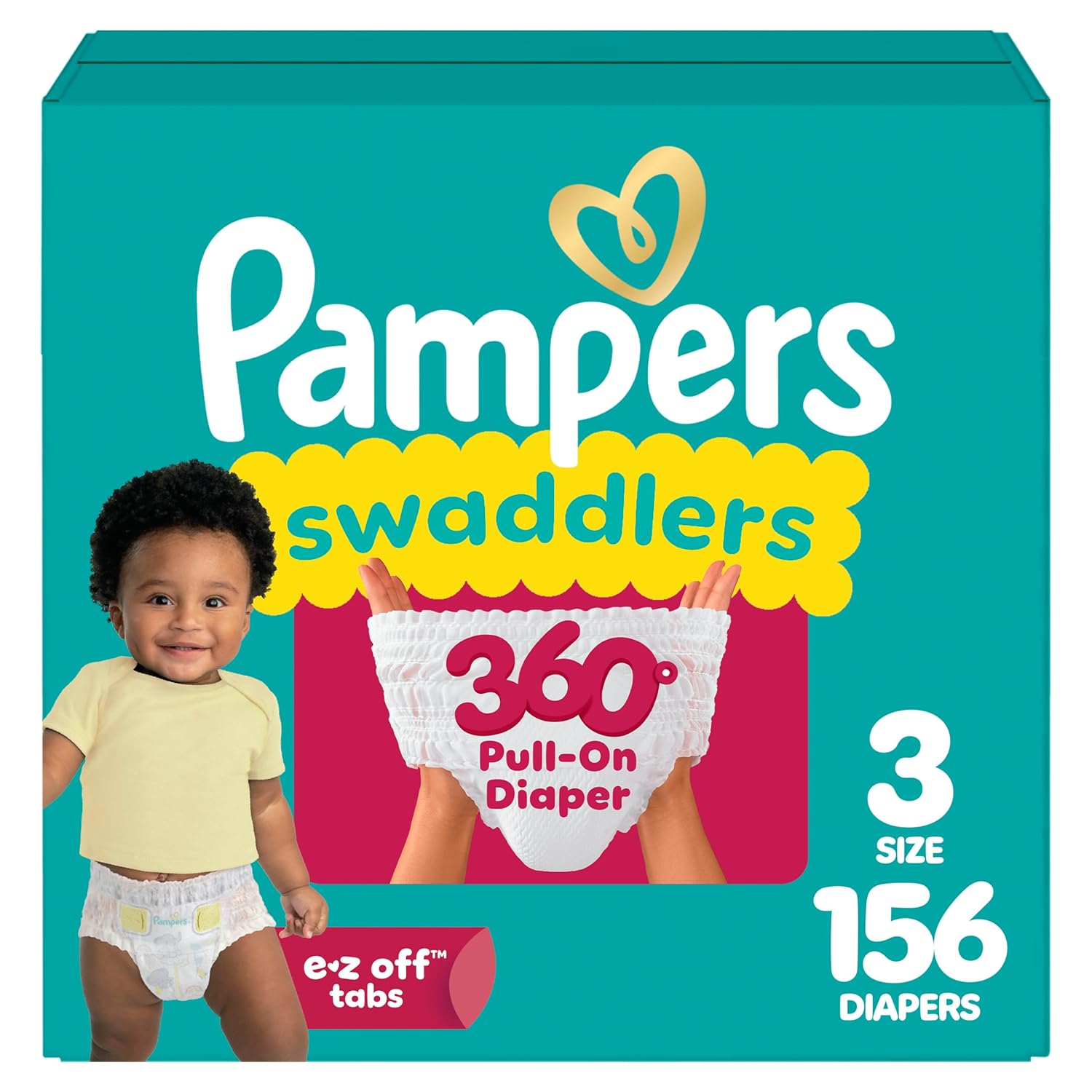 Pampers Diapers - Swaddlers 360° - Size 3, 156 Count, up to 100% Leakproof Comfy Dry Fit, Designed for Easy Changes, Pull On Baby Diaper (Packaging May Vary)