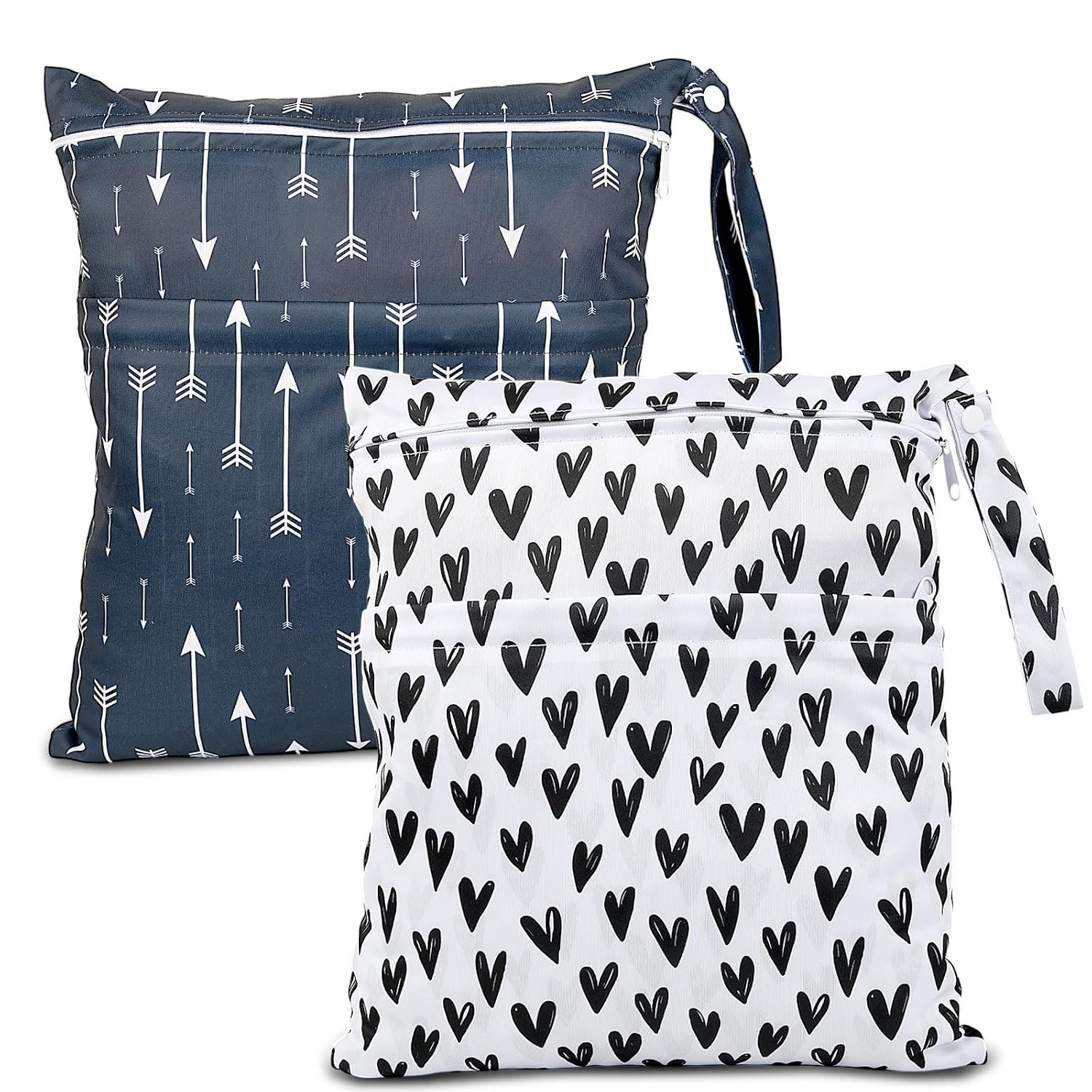 2pcs Cloth Diaper Wet Dry Bags Waterproof Reusable with Two Zippered Pockets Travel Beach Pool Daycare Soiled Baby Items Yoga Gym Bag for Swimsuits or Wet Clothes-Black Hearts
