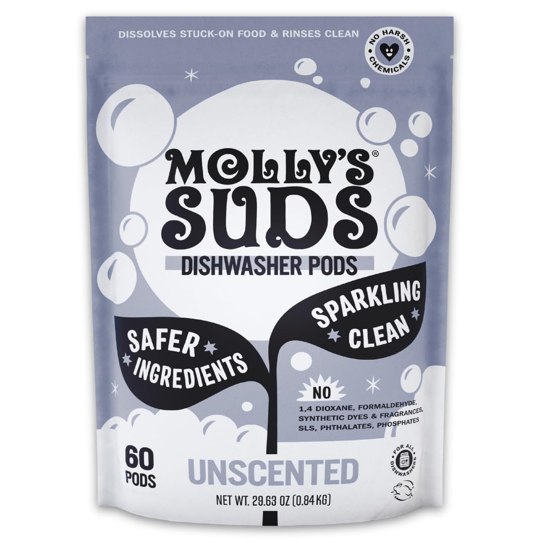 Molly's Suds Dishwasher Pods | Clean Dishwasher Detergent, Cuts Grease & Rinses Clean (Residue-Free) for Sparkling Dishes | 60 Auto-Release Tabs (Unscented)