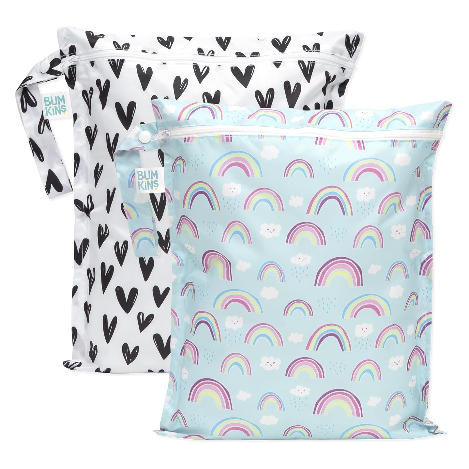 Bumkins - Waterproof Wet Bag - For Baby, Travel, Swim Suit, Cloth Diapers, Pump Parts, Pool, Gym, Toiletry, Strap to Stroller - Reusable & Easy to Clean - 2pk - Hearts & Rainbows