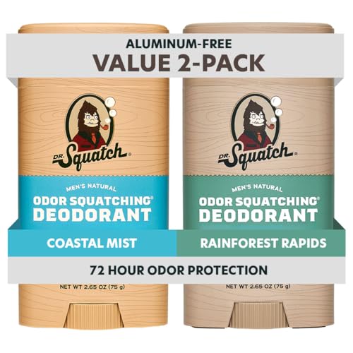 Dr. Squatch Natural Men’s Deodorant – Aluminum Free Natural Deodorant Men with Charcoal & Postbiotics for 72-Hour Odor Protection – Coastal Mist, 2.65oz Stick (2-Pack)