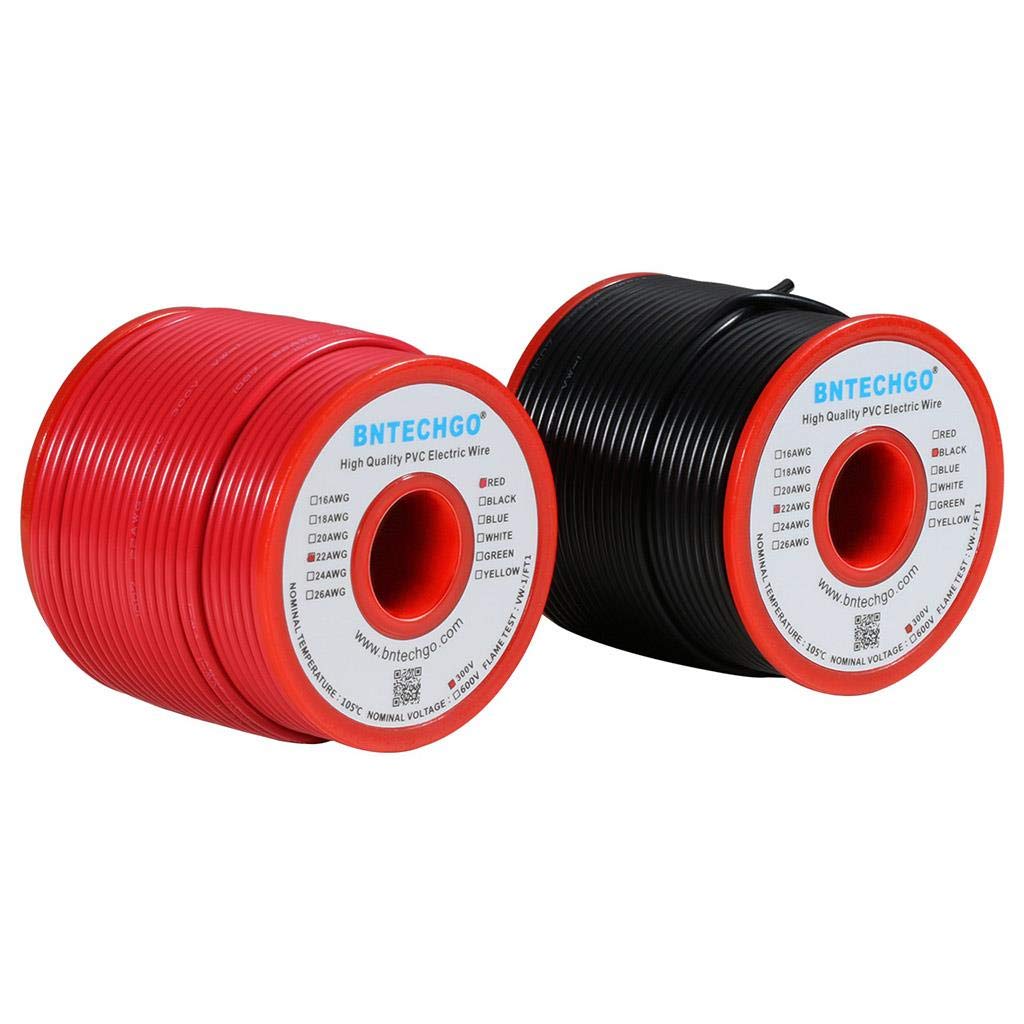 BNTECHGO 22 Gauge PVC 1007 Solid Electric Wire Red and Black Each 100 ft 22 AWG 1007 Hook Up Tinned Copper Wire