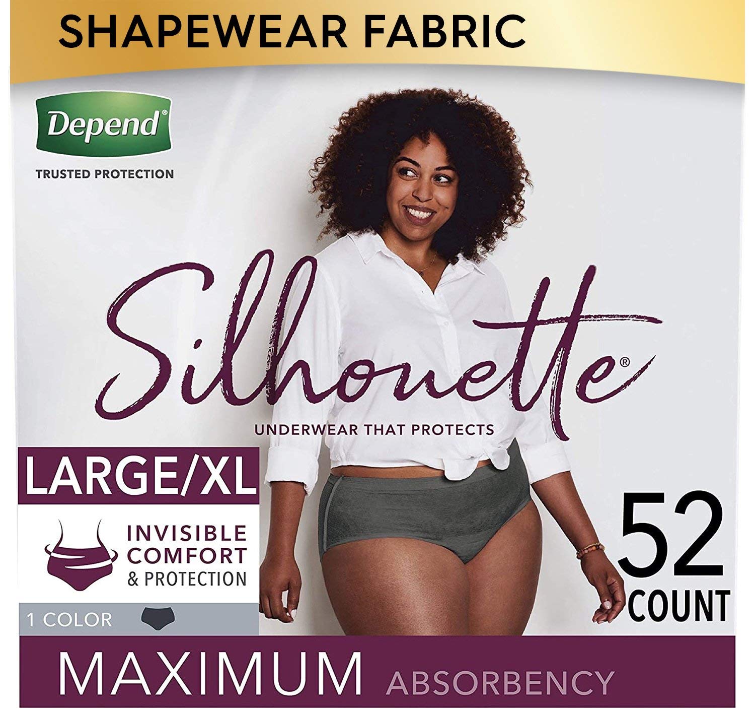 Depend Silhouette Incontinence Underwear for Women, Maximum Absorbency, Disposable, Large/Extra-Large, Black, 52 Count (Packaging May Vary)