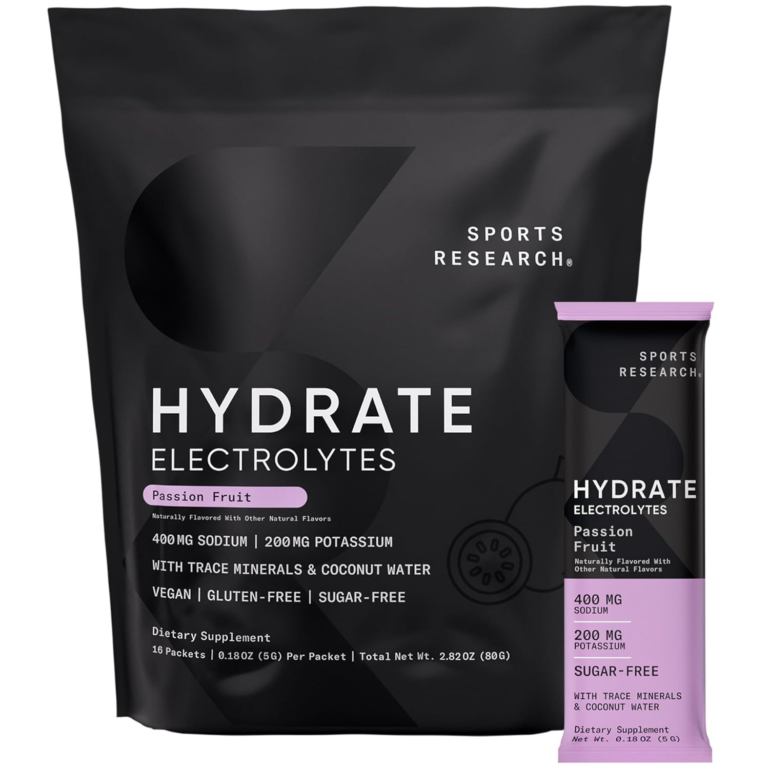 Sports Research Hydrate Electrolytes Powder Packets - Sugar-Free & Naturally Flavored with Vitamins, Minerals, and Coconut Water - Supports Hydration - 16 Packets - Passion Fruit